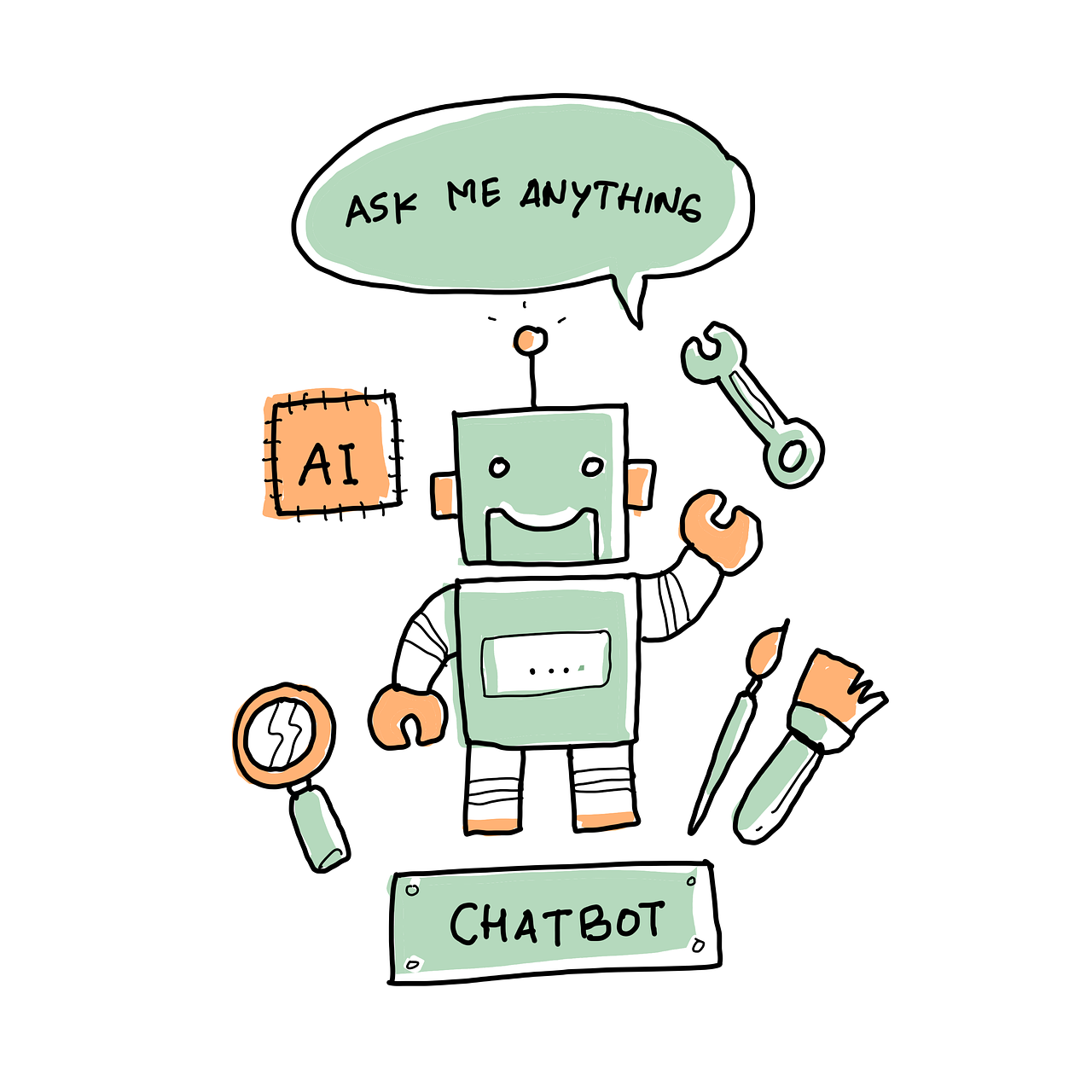 chat bot a basso costo ai, artificial, bot, robot, doodle, hand drawn, drawing, technology, chat, assistance, ask, question, chip, computer, future, friend, people, search, answer, information, intelligence, brain, mind, bot, bot, bot, bot, bot, robot, doodle